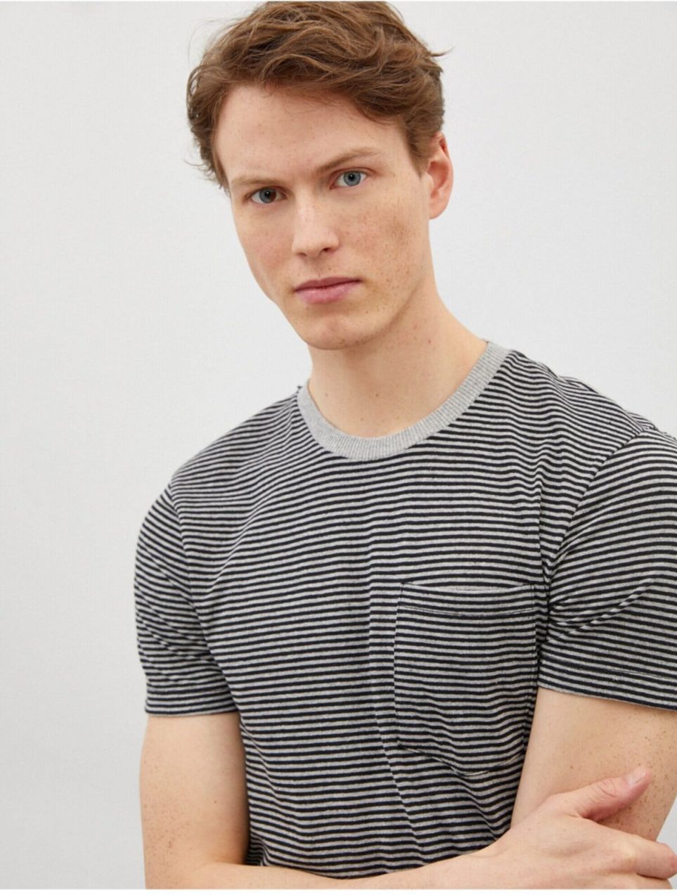 Koton Men's Gray Striped Short Sleeved Cotton T-Shirt with Pocket