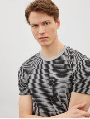 Koton Men's Gray Striped Short Sleeved Cotton T-Shirt with Pocket