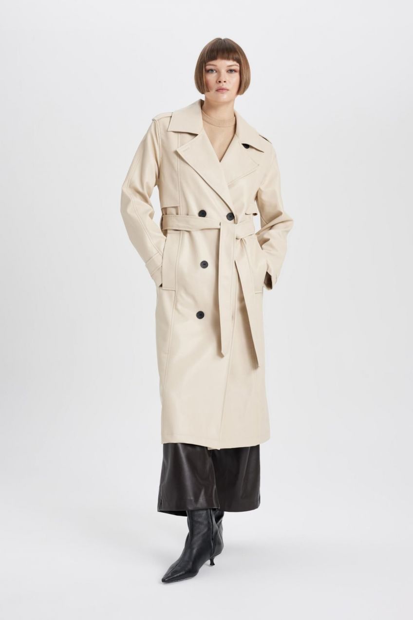 DEFACTO Waterproof Regular Fit Faux Leather Trench Coat