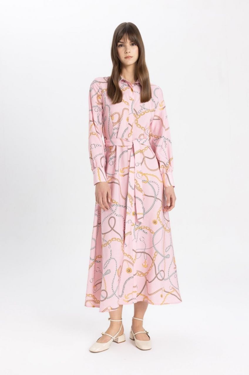 DEFACTO Shirt Collar Patterned Long Sleeve Dress