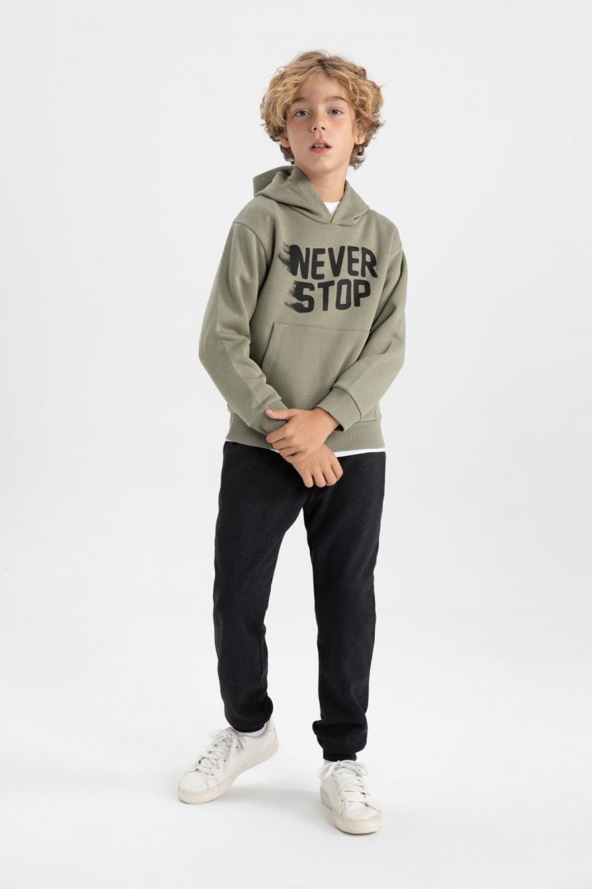 DEFACTO Boy's Printed Hooded Kangaroo Pocket Sweatshirt Sweatpants 2-Piece Set