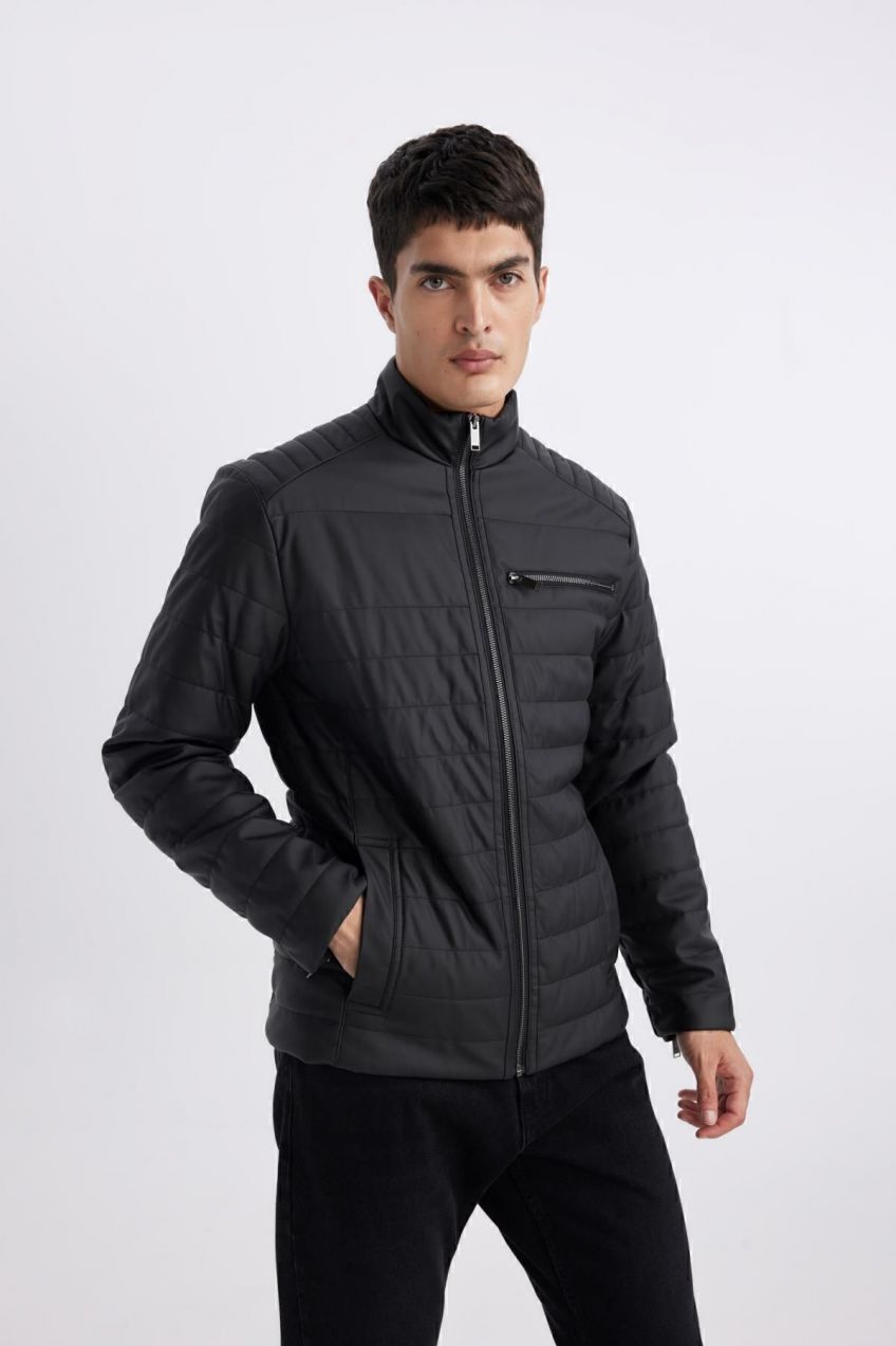 DEFACTO Water Repellent Slim Fit Stand Collar Faux Leather Coat