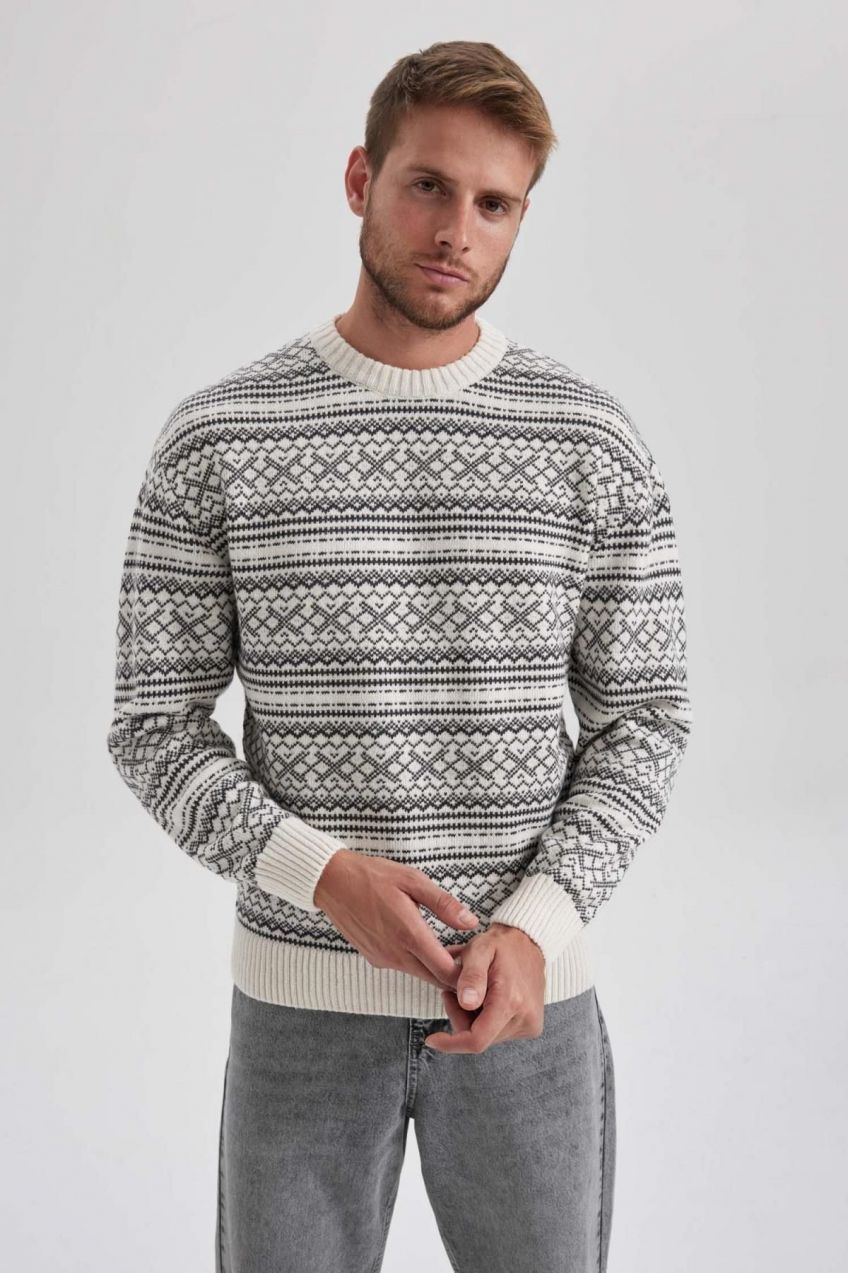 DEFACTO Relax Fit Patterned Crew Neck Sweater