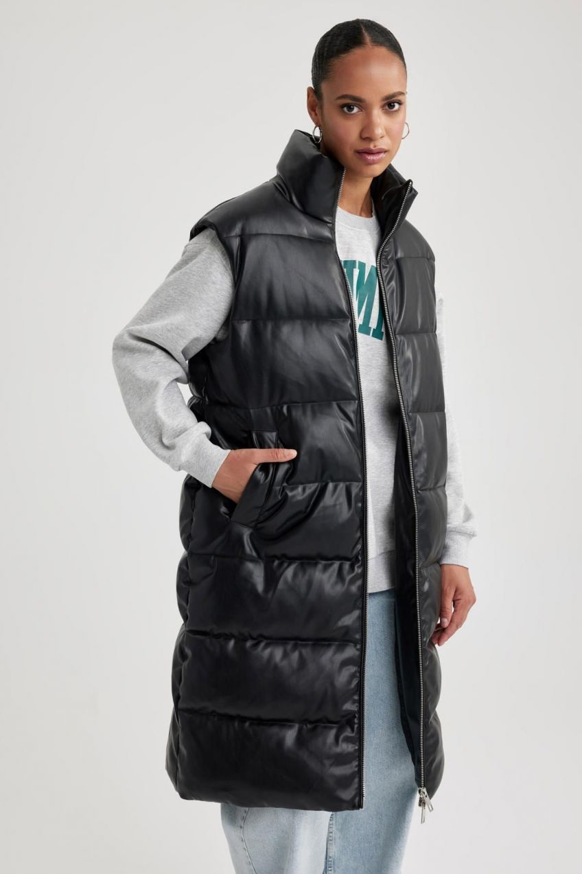 DEFACTO Waterproof Relax Fit Faux Leather Long Puffer Vest