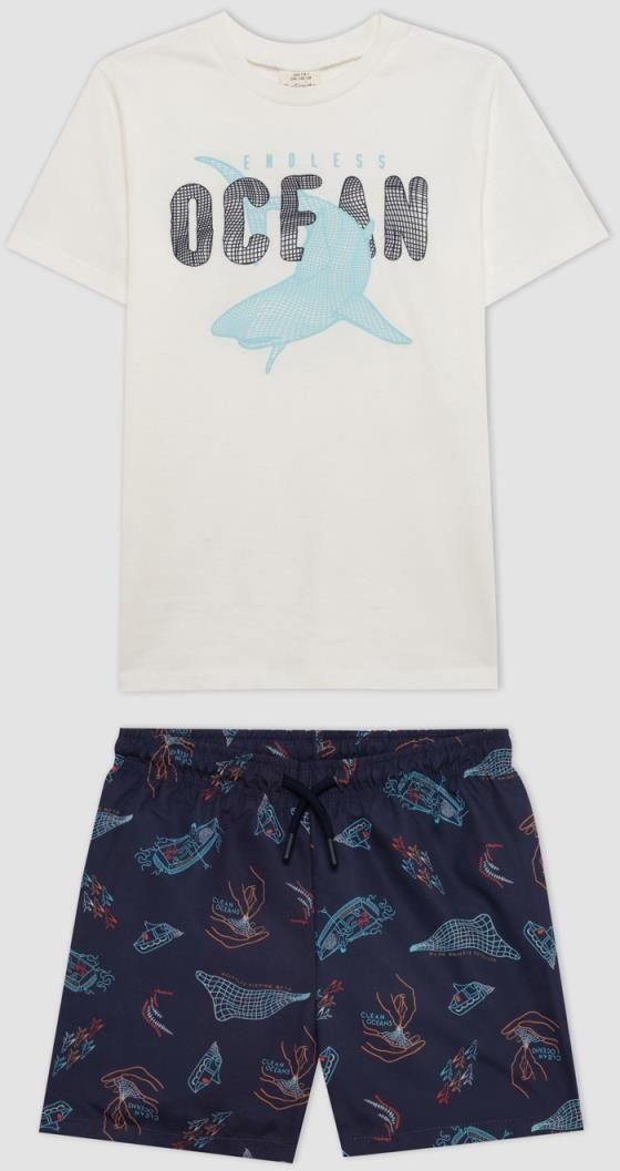 DEFACTO Boy's Printed Short Sleeve T-shirt Sea Shorts 2-Piece Set