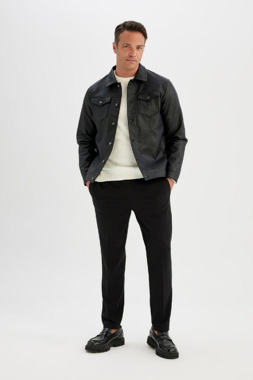 DEFACTO Slim Fit Shirt Collar Faux Leather Jacket Coat