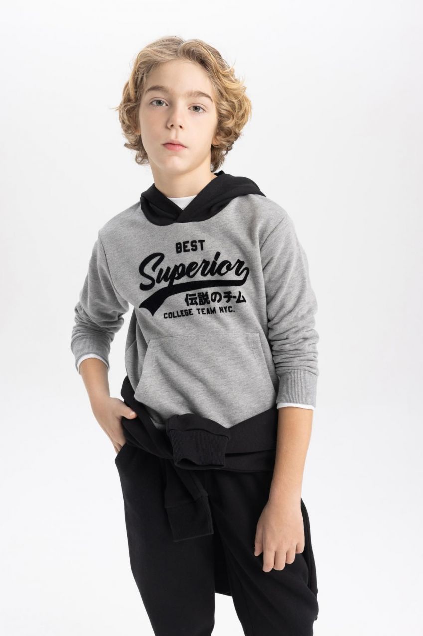 DEFACTO Boy's Printed Hooded Thick Sweatshirt