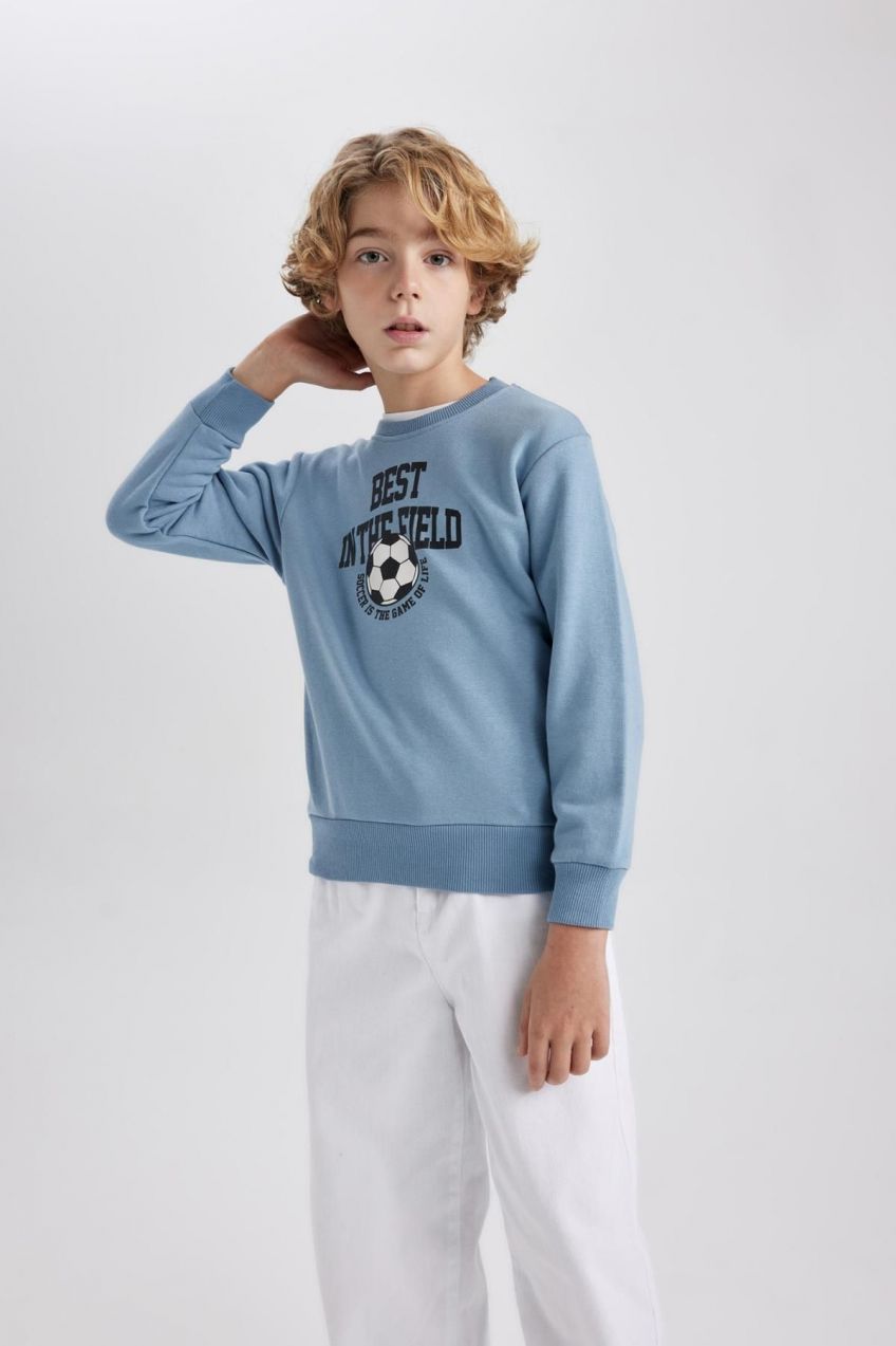 DEFACTO Boy's Crew Neck Printed Thick Sweatshirt