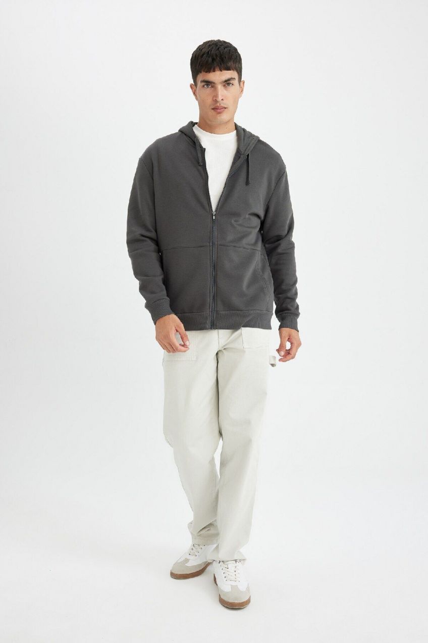 DEFACTO Comfort Fit Hooded Soft Fuzzy Thick Zippered Sweatshirt