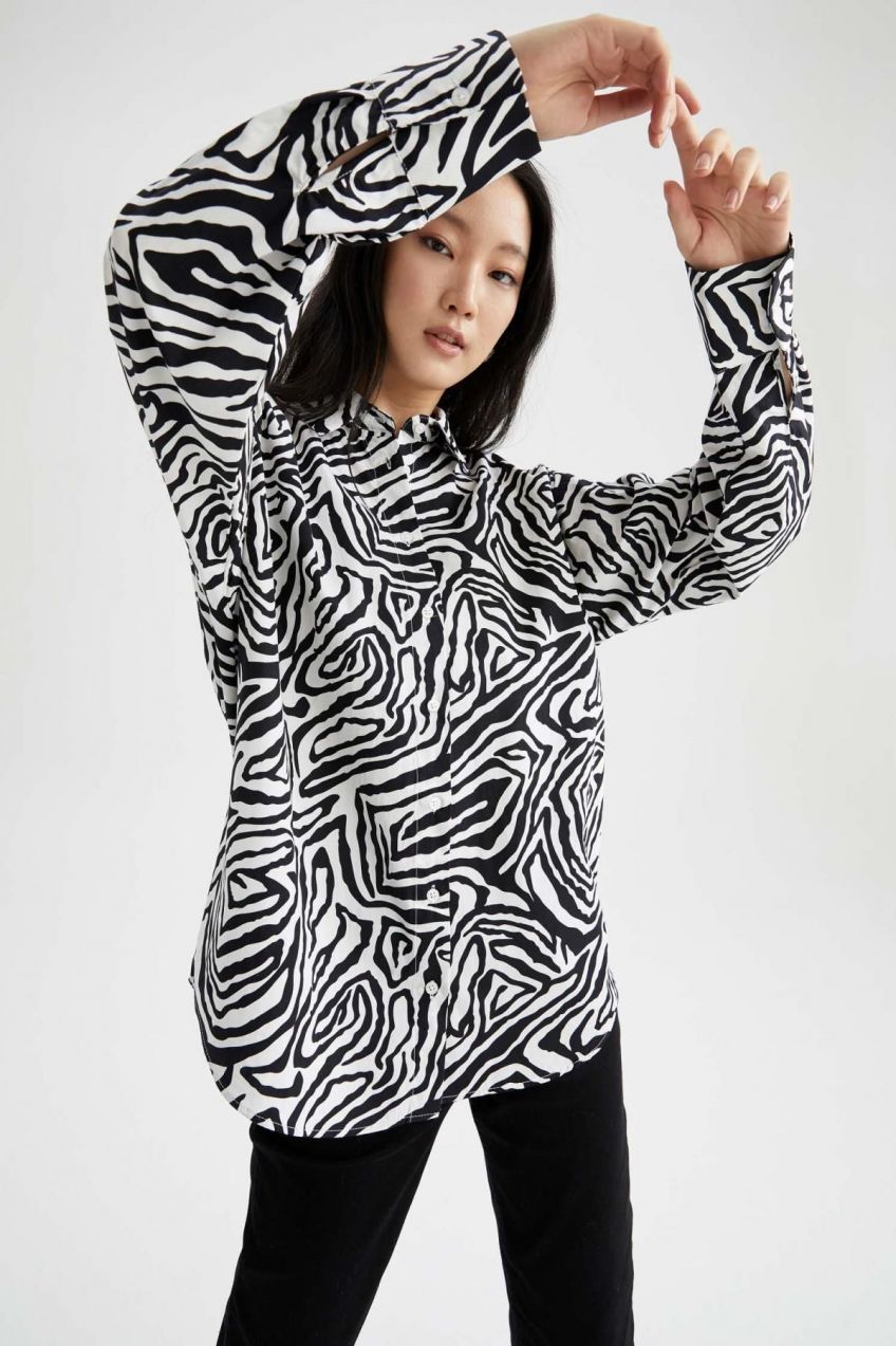 DEFACTO Oversize Fit Zebra Patterned Long Sleeve Poplin 100% Cotton Shirt