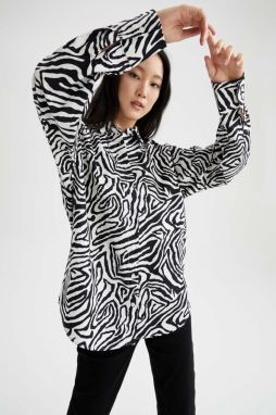 DEFACTO Oversize Fit Zebra Patterned Long Sleeve Poplin 100% Cotton Shirt