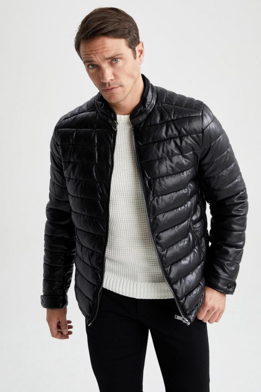 DEFACTO Slim Fit High Neck Plush Lining Faux Leather Down Coat
