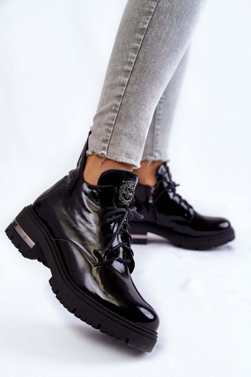 Women's patent leather boots on a flat heel black Charline