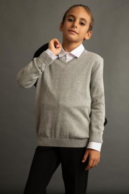 DEFACTO Boy's Gray V-Neck School Sweater