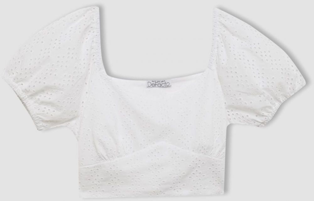 DEFACTO Fitted U Neck Embroidered Embroidery Short Sleeve Blouse