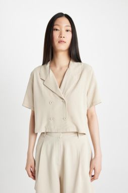 DEFACTO Crop Polo Collar Linen Blend Short Sleeve Shirt