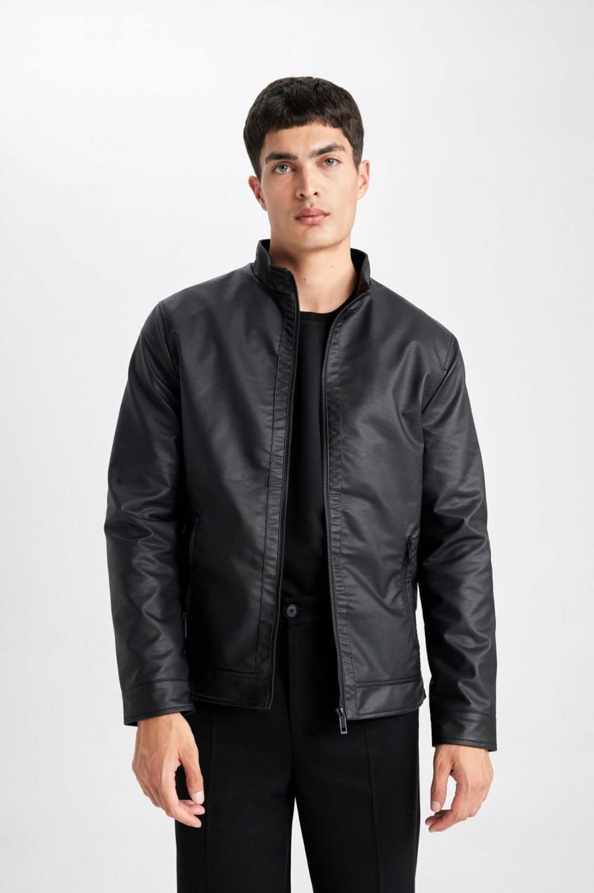 DEFACTO Water Repellent Regular Fit Stand Collar Faux Leather Coat Jacket