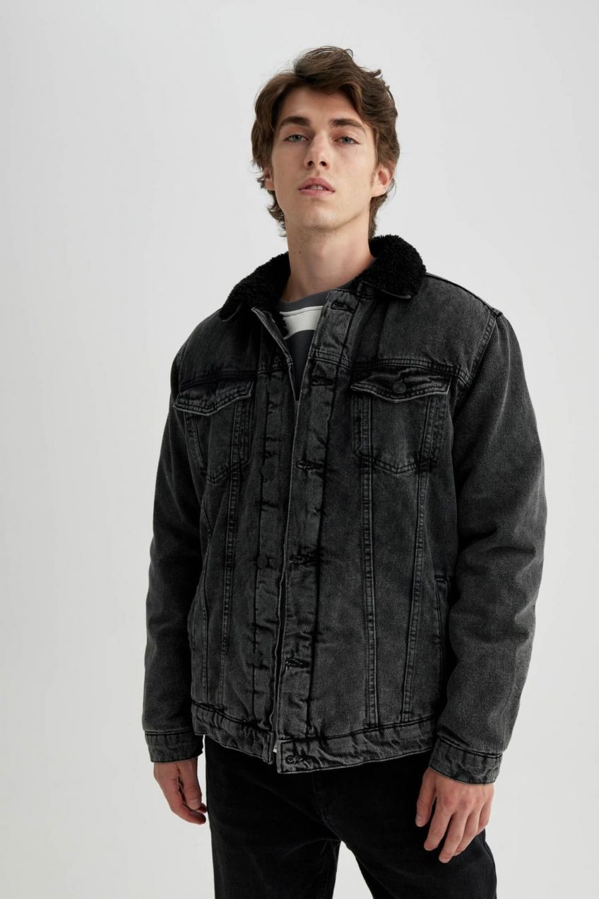 DEFACTO Slim Fit Faux Fur Collar Jean Jacket