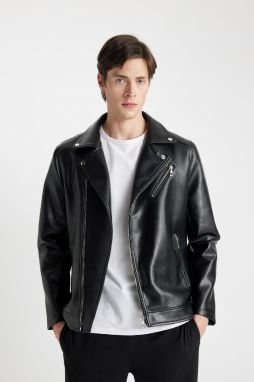 DEFACTO Slim Fit Polo Collar Lined Faux Leather Jacket