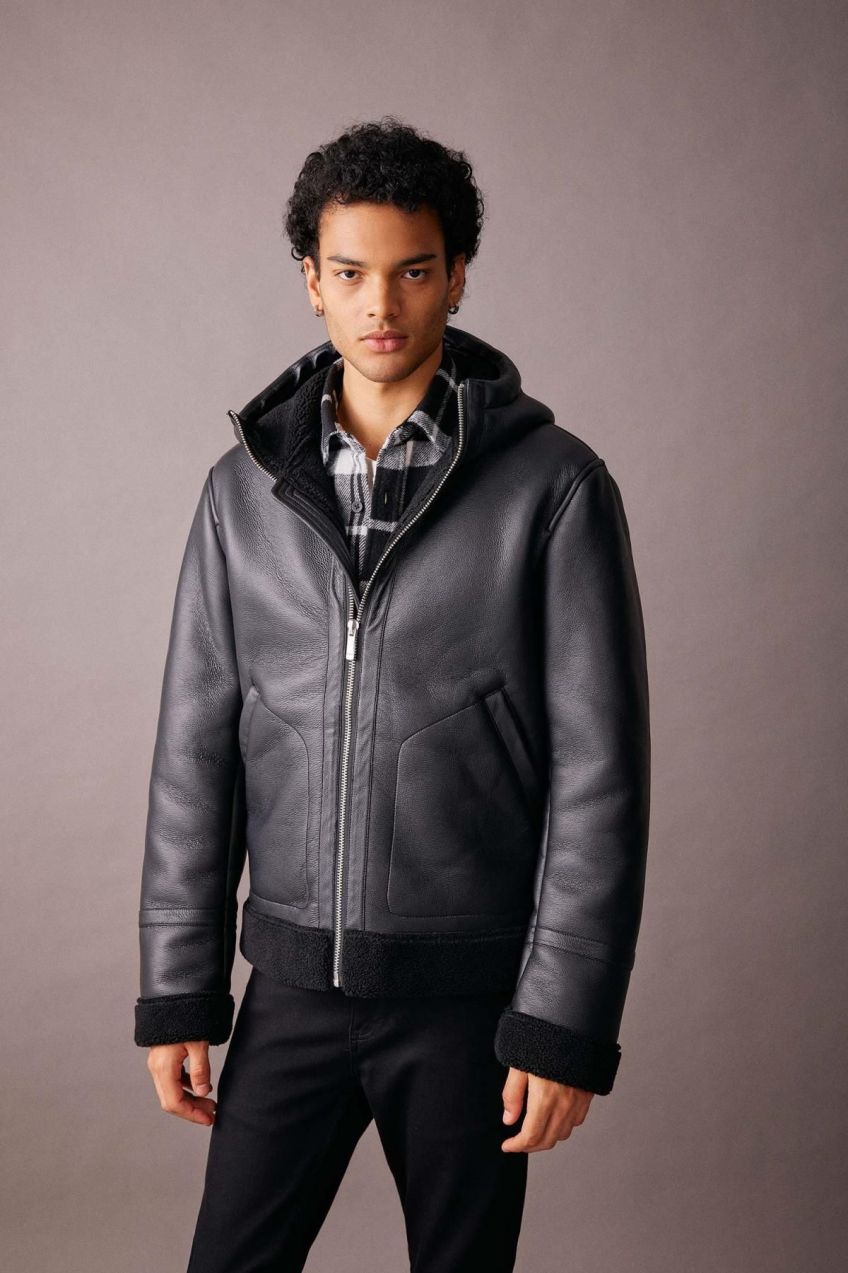 DEFACTO Slim Fit Hooded Faux Fur Lined Faux Leather Jacket