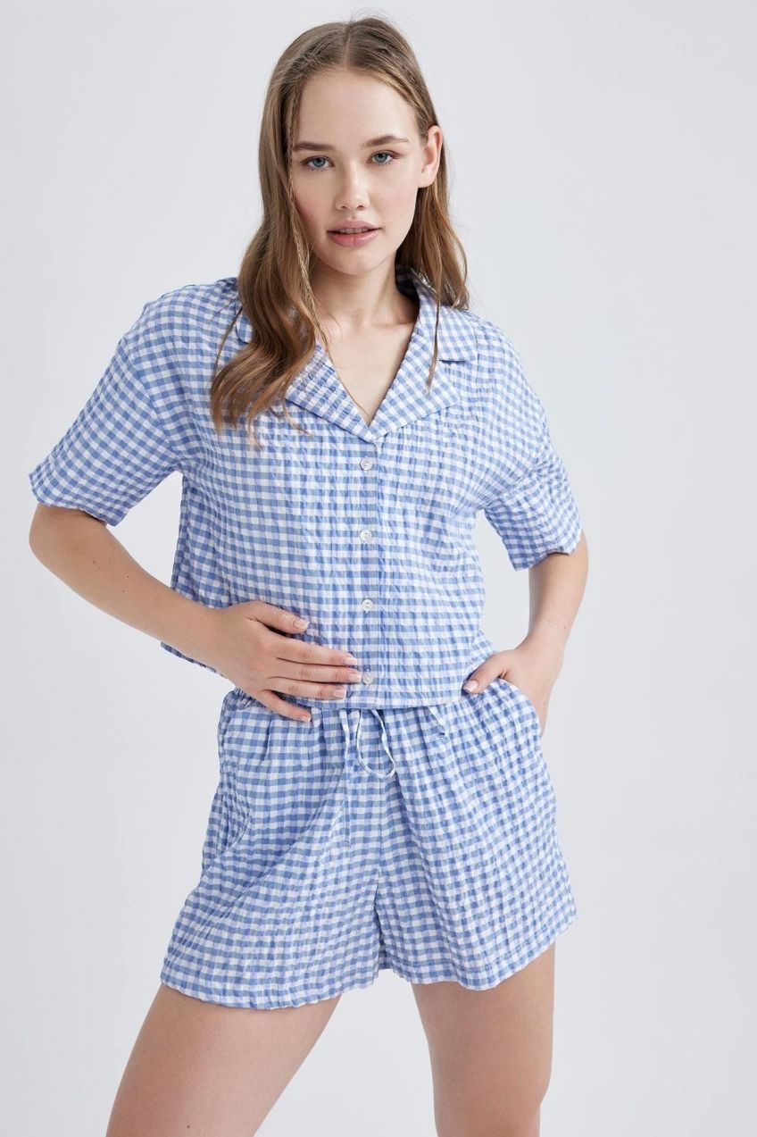 DEFACTO Cool Oversize Pajama Collar Crinkle Gingham Short Sleeve Shirt