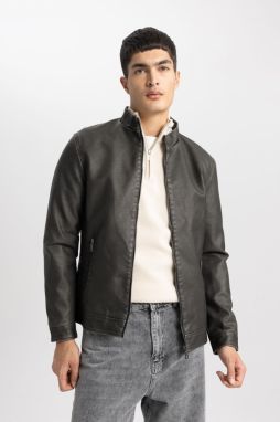 DEFACTO Slim Fit Stand Collar Jacket Faux Leather Coat