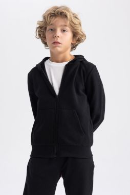 DEFACTO Boy's Black Hooded Pique School Cardigan