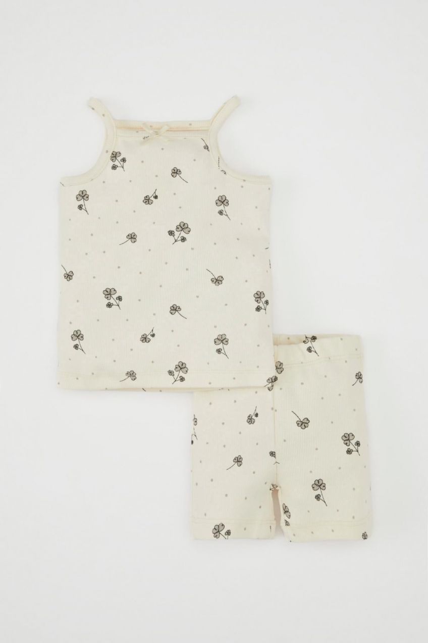 DEFACTO Baby Girl Printed Ribbed Camisole Strap Shorts Pajama Set