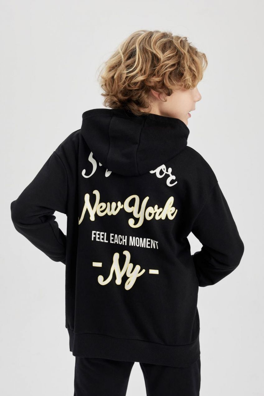 DEFACTO Boy's Oversize Fit Hooded Back Printed Sweatshirt