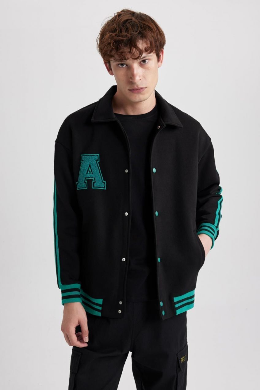 DEFACTO Oversize Fit College Collar Bomber Inside Soft Furry Cardigan