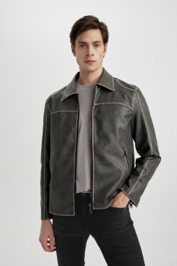 DEFACTO Slim Fit Polo Collar Lined Faux Leather Coat Jacket