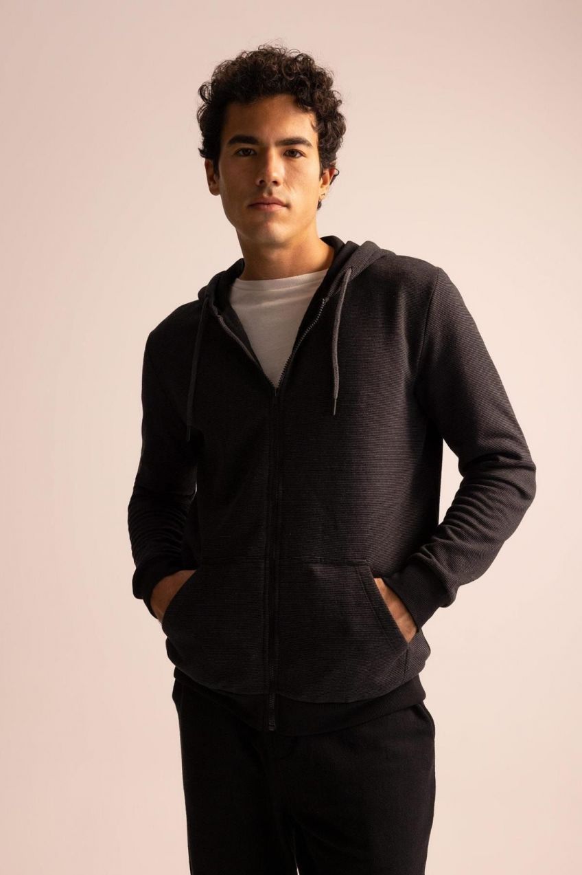 DEFACTO Slim Fit Hooded Cardigan with Soft Fuzzy Inside
