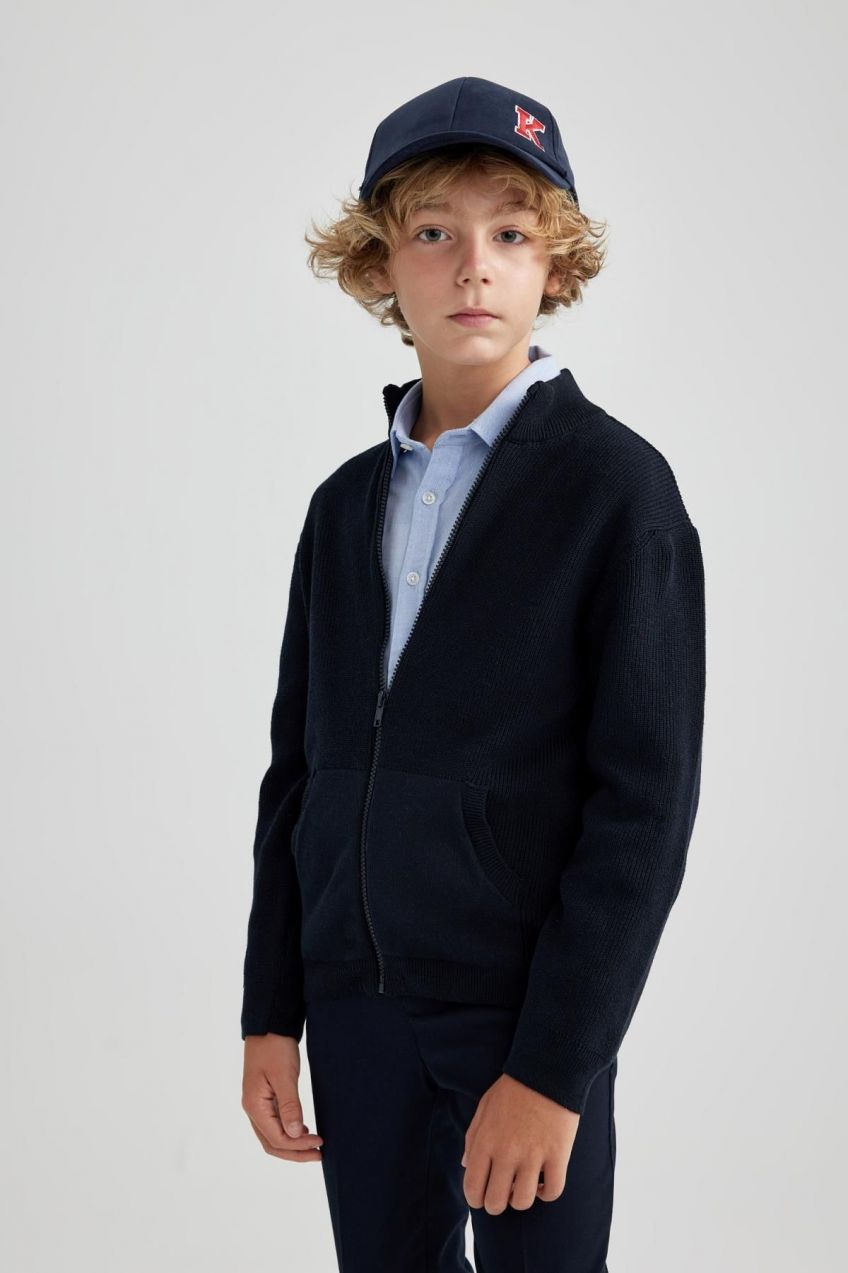 DEFACTO Boy's Navy Blue Half Turtleneck Knitwear School Cardigan