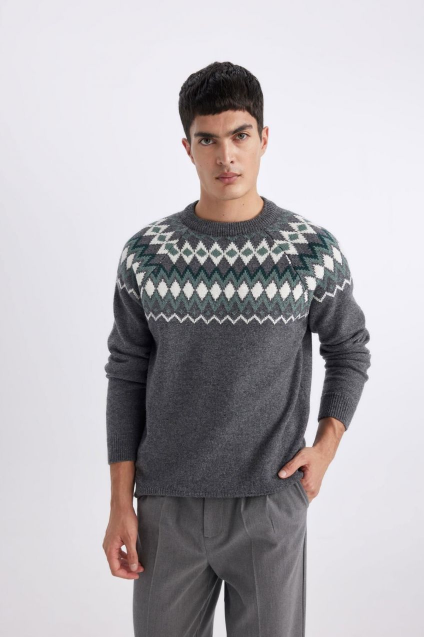 DEFACTO Standard Fit Patterned Crew Neck Sweater
