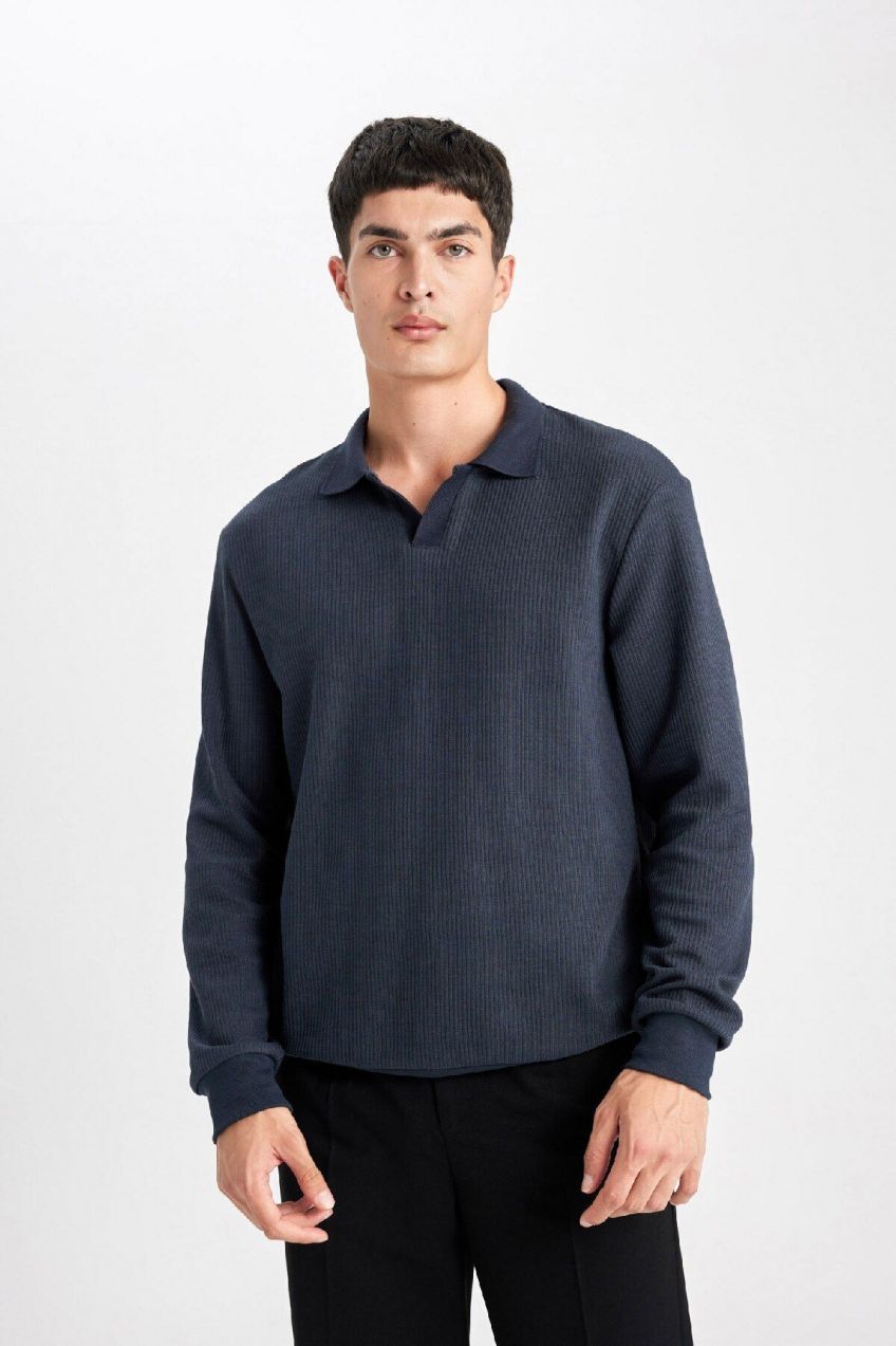DEFACTO Regular Fit Polo Neck Jacquard Sweatshirt