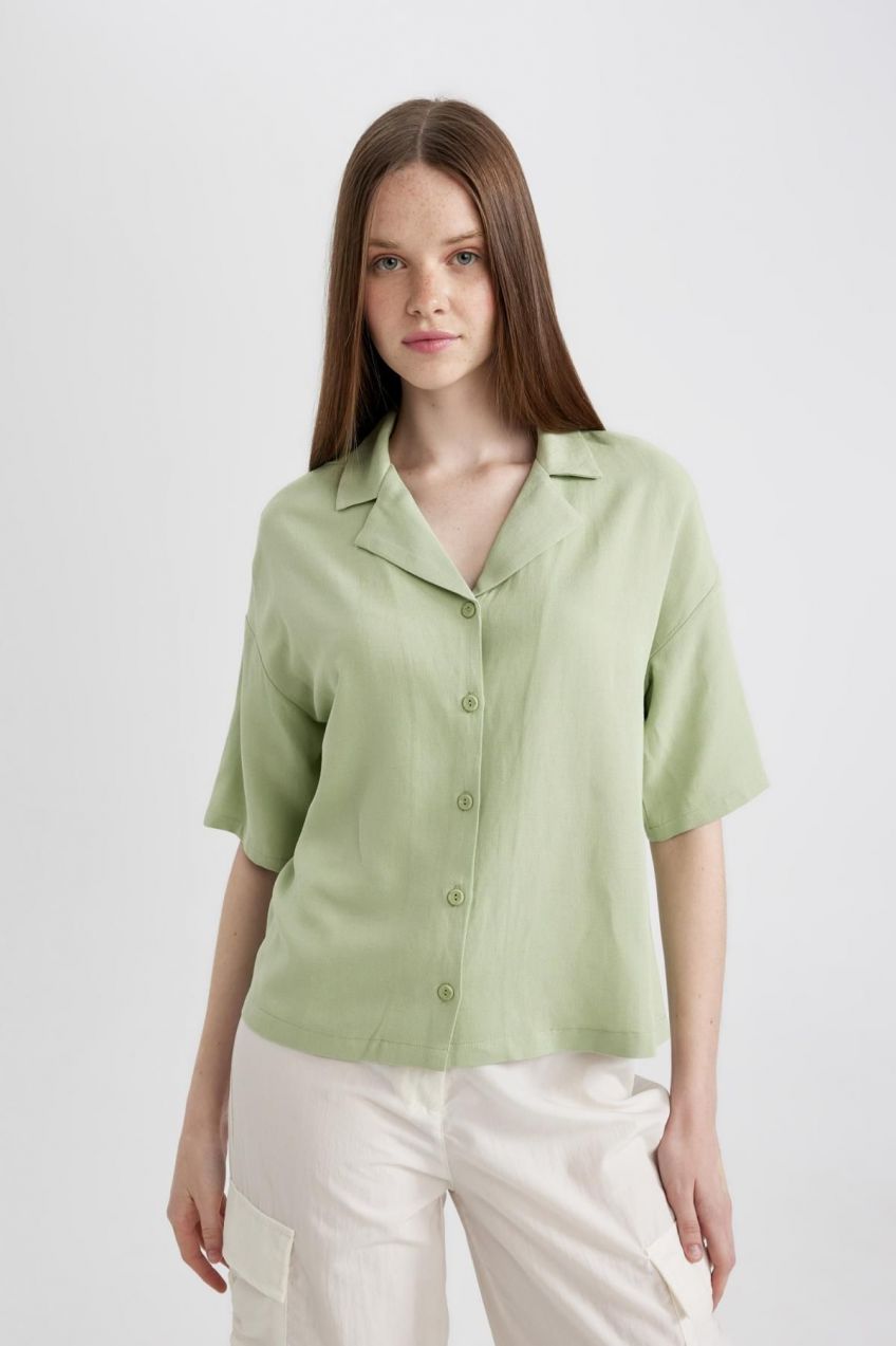DEFACTO Oversize Fit Pajama Collar Linen Blend Short Sleeve Shirt