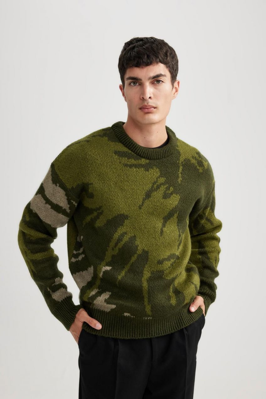 DEFACTO Relax Fit Patterned Crew Neck Sweater