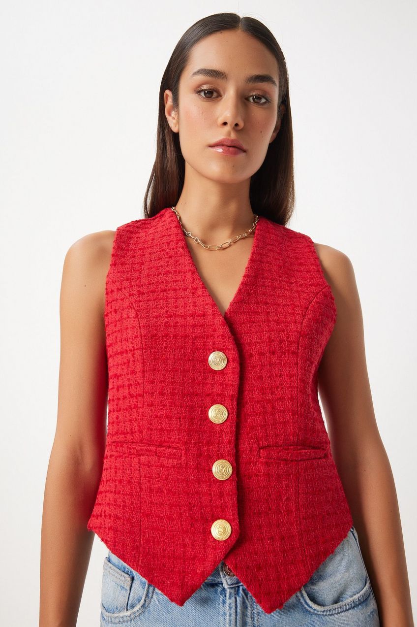 Happiness İstanbul Women's Red Metal Button Detailed Cuff Vest