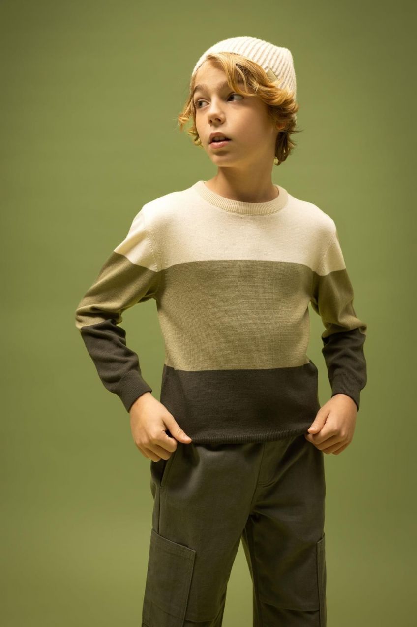 DEFACTO Boy's Crew Neck Color Block Sweater