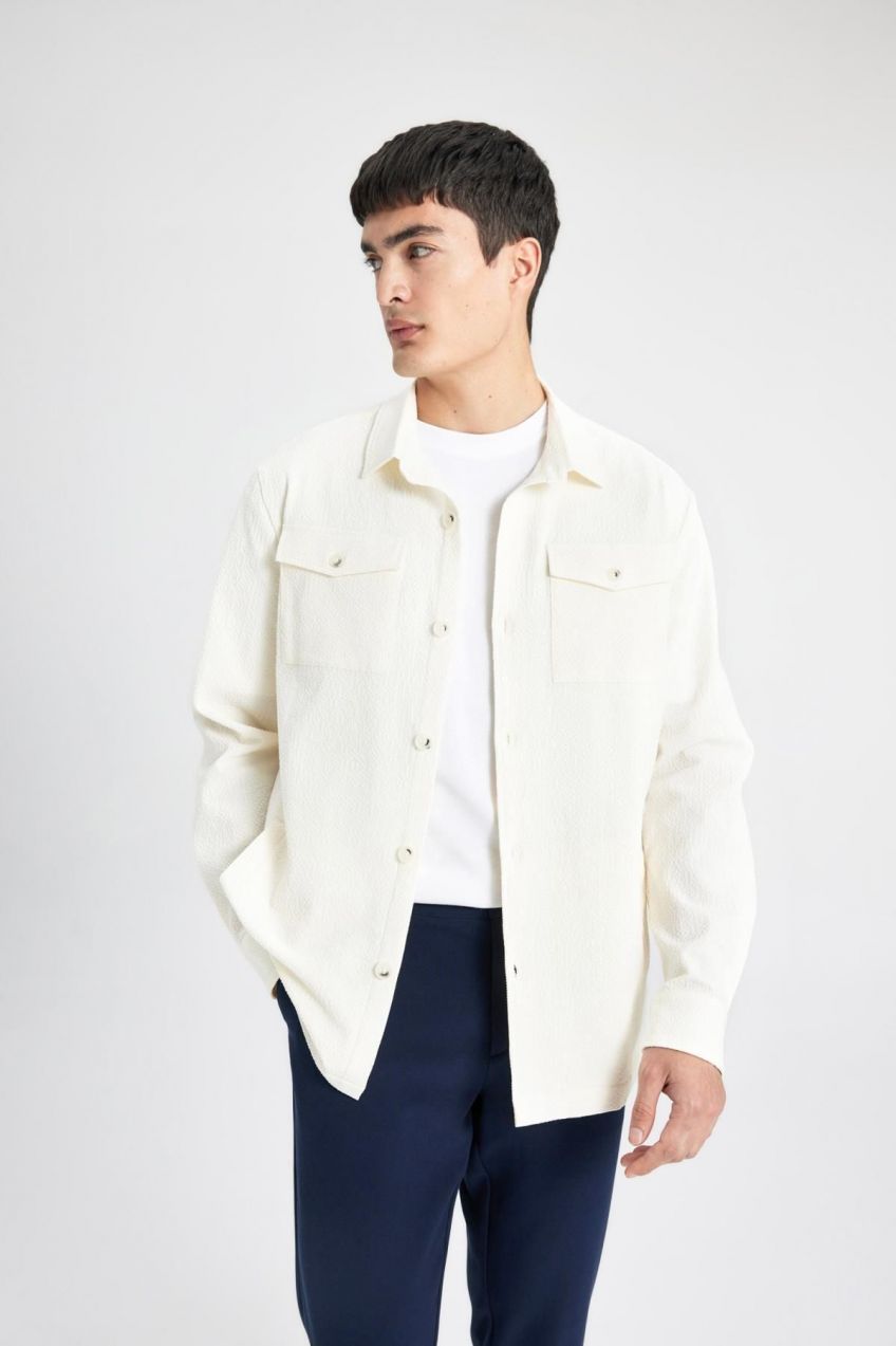 DEFACTO Regular Fit Polo Neck Seersucker Textured Shirt Jacket