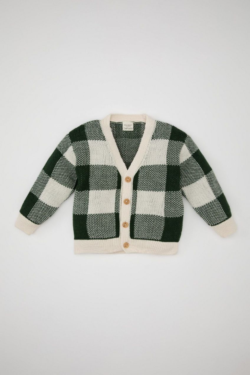 DEFACTO Baby Boy V-Neck Checked Cardigan