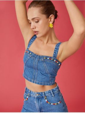 Koton Sleeveless Beaded Embroidered Denim Crop Top