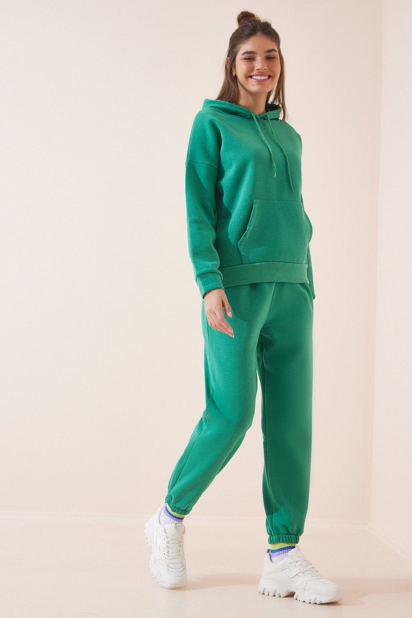 Happiness İstanbul Women's Vibrant Green Hooded Raspberry Knitted Tracksuit Set