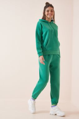 Happiness İstanbul Women's Vibrant Green Hooded Raspberry Knitted Tracksuit Set