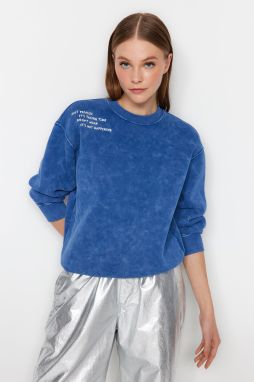 Trendyol Indigo Aged/Faded Effect Thick Fleece Inside Regular Fit Embroidered Knitted Sweatshirt