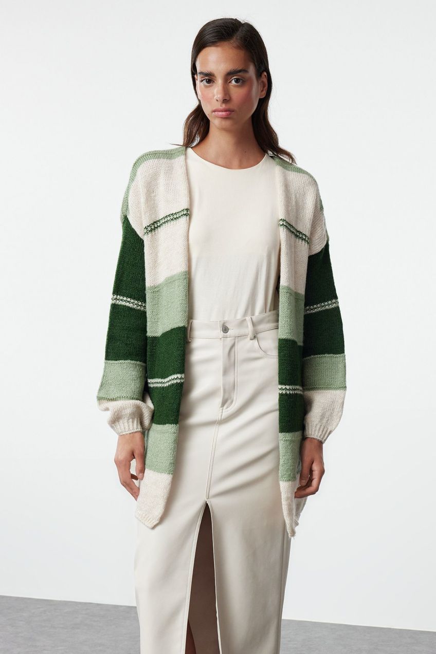 Trendyol Green Color Block Long Knitwear Cardigan