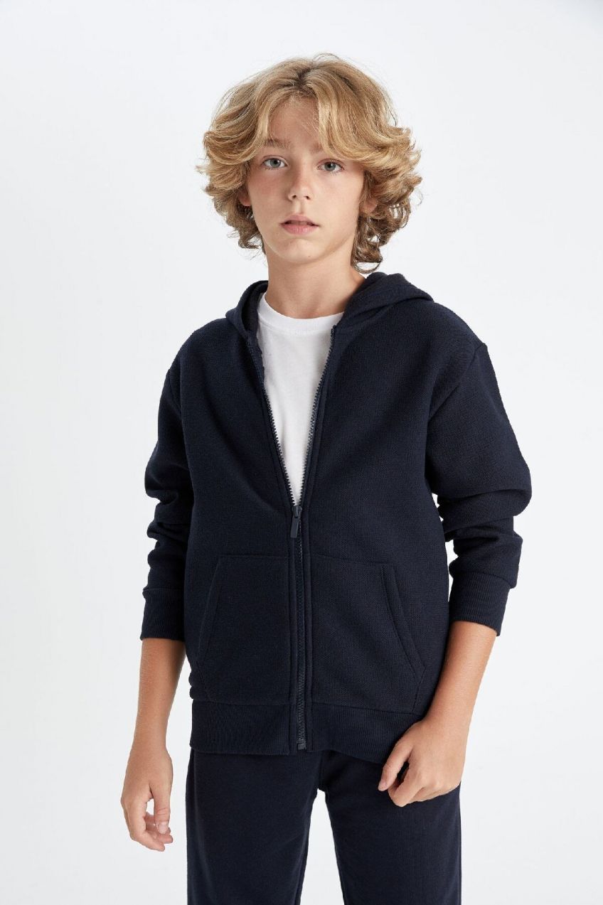 DEFACTO Boy's Hooded Zippered Navy Blue School Cardigan