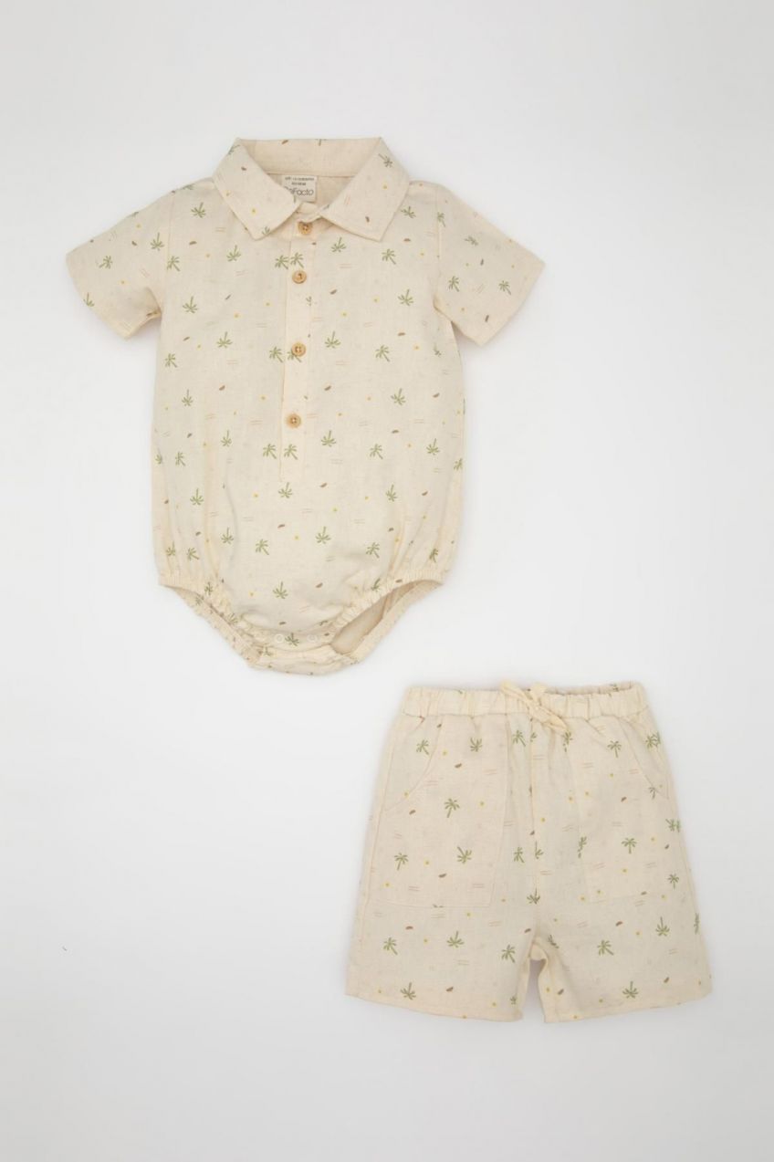 DEFACTO Baby Boy Palm Patterned Short Sleeve Snap-On Bodysuit Shorts Muslin 2-Piece Set