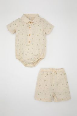 DEFACTO Baby Boy Palm Patterned Short Sleeve Snap-On Bodysuit Shorts Muslin 2-Piece Set