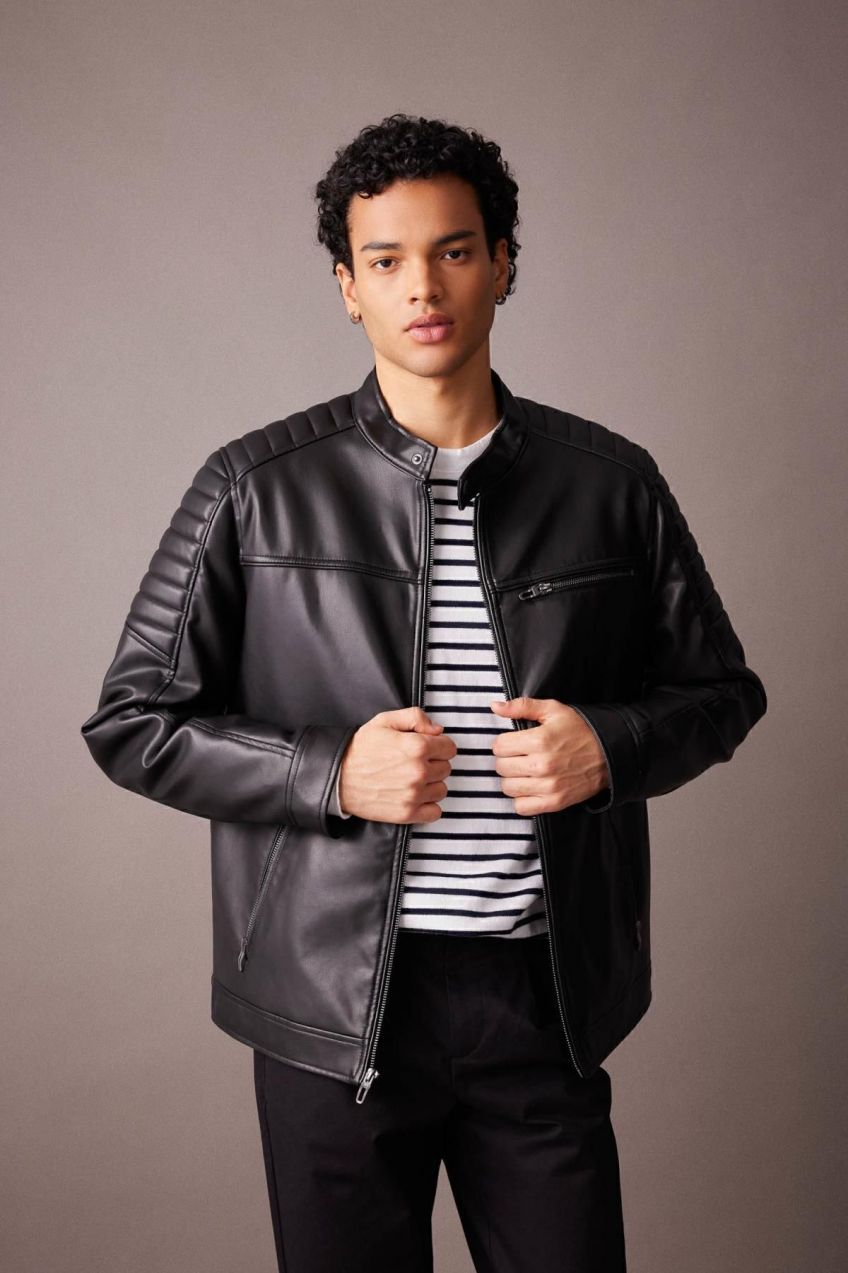 DEFACTO Water Repellent Slim Fit Stand Collar Faux Leather Coat